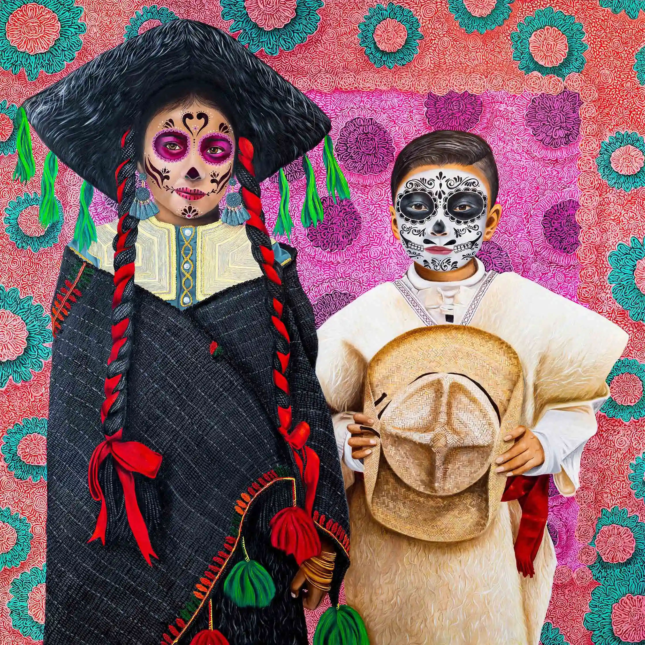 Pintura al óleo de dos indigineas de San Jaun Chamula usando sus trajes tipicos.