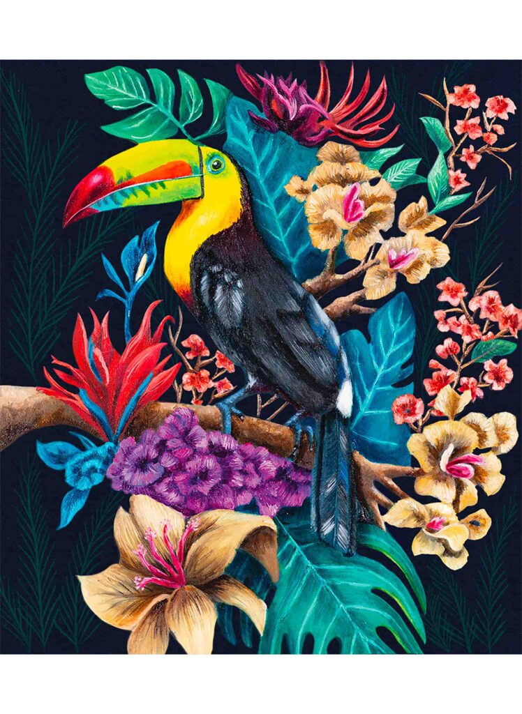 Bird´s Study 1 Óleo sobre lienzo. 45 ctm x 35 ctm Bogotá, Colombia 2023 Pintura de un tucan en la selva colombiana con flores tropicales