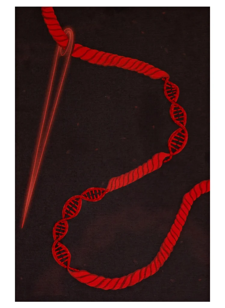 Ilustración digital impresa sobre lienzo e intervenida con bordado. La imagen muestra un hilo que en ciertos momentos se abre y muestra una cadena de ADN.