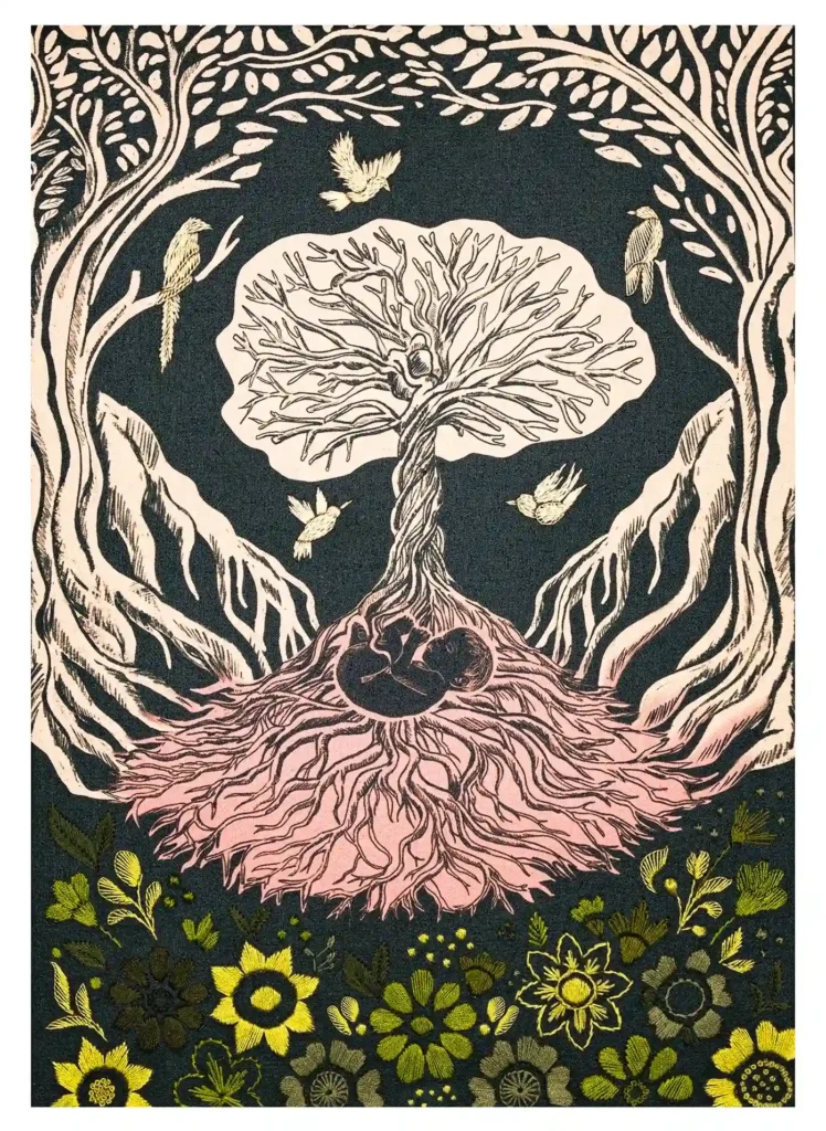 Ilustración digital impresa sobre lienzo e intervenida con bordado. La imagen muestra un bebe alrededor de una placenta gigante que tiene la forma del Árbol de la Vida.
