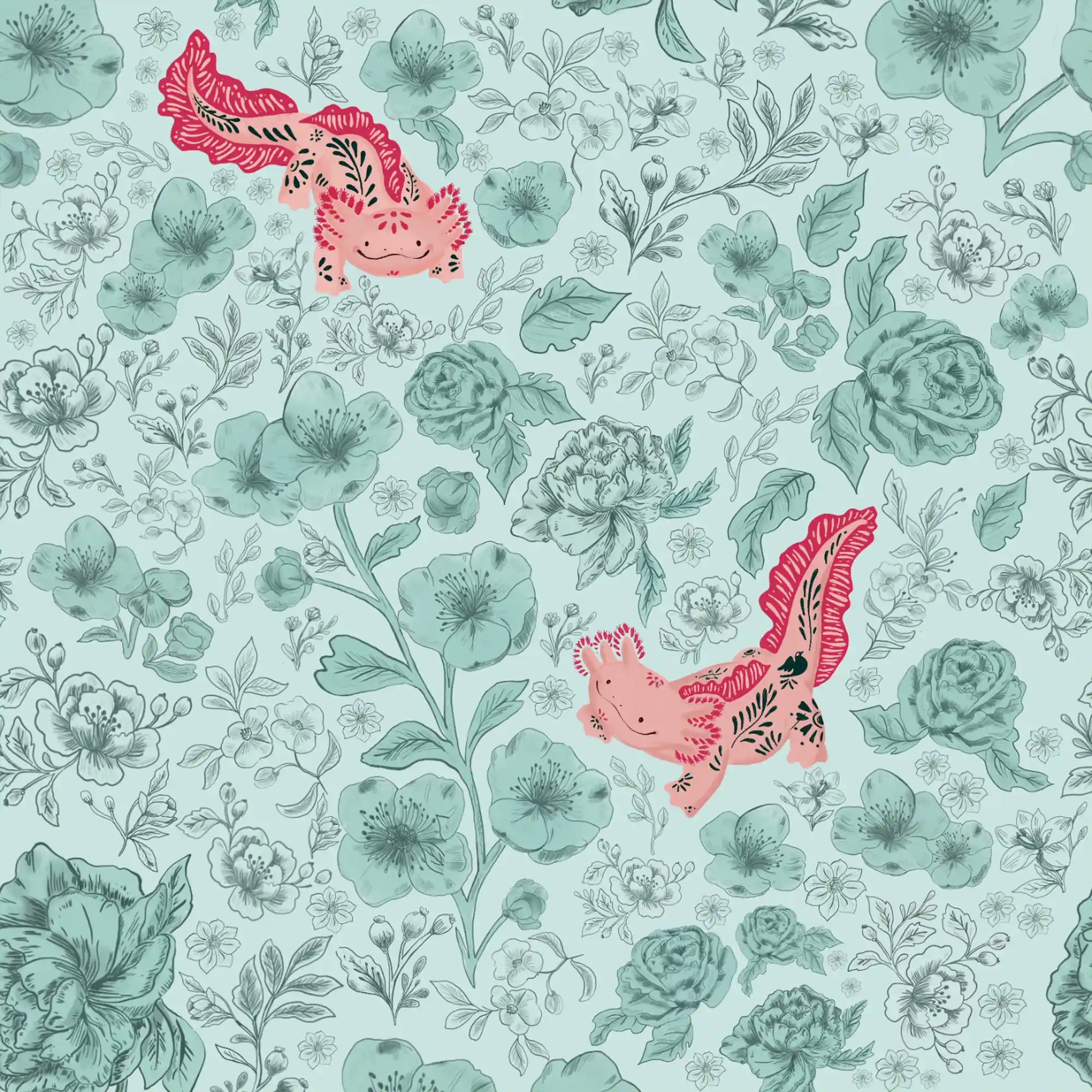 Ilustración digital  de Axolotles para diseño textil.